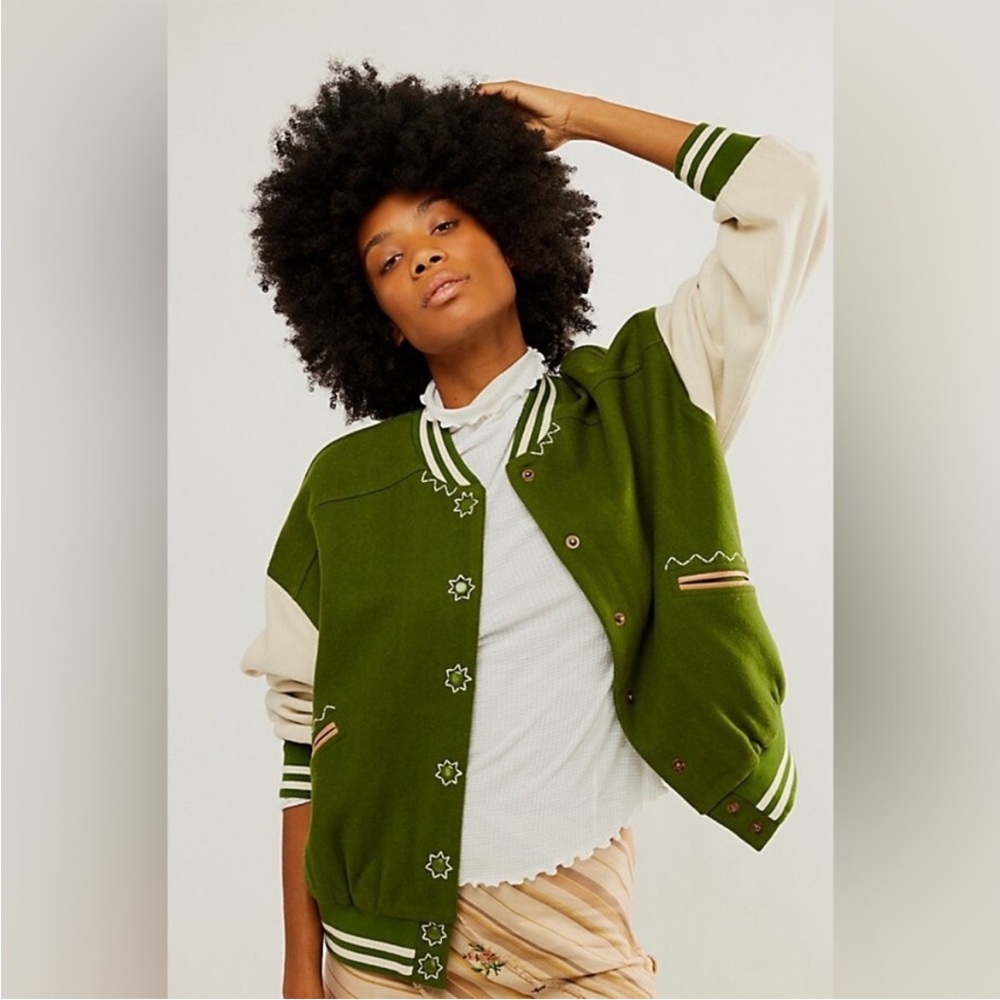 Free People Green Embroidered Wool Varsity Jacket